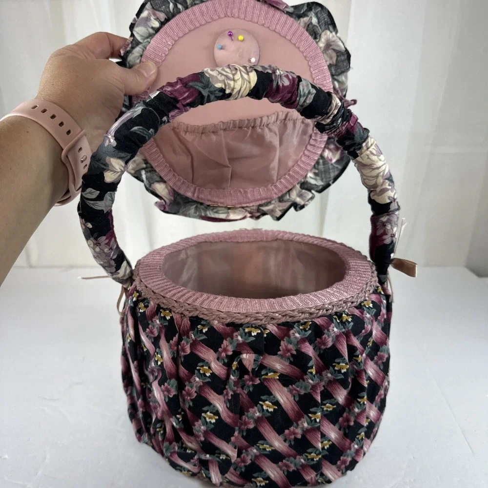 Vintage Fabric Sewing Box With Handle Floral Storage Black Purple Pink Green